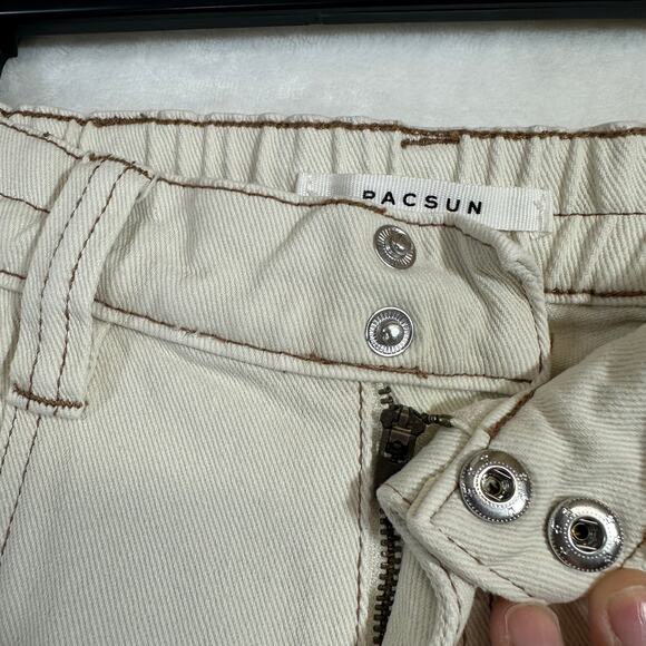 Pacsun S Elastic Waist Cargo Pants Cream‎ Utility Straight Leg Streetwear Y2K - Picture 2 of 8